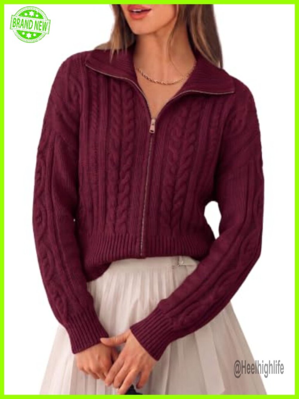 Cable Knit Cropped Cardigan Zip Up Puff Sleeve Sweater